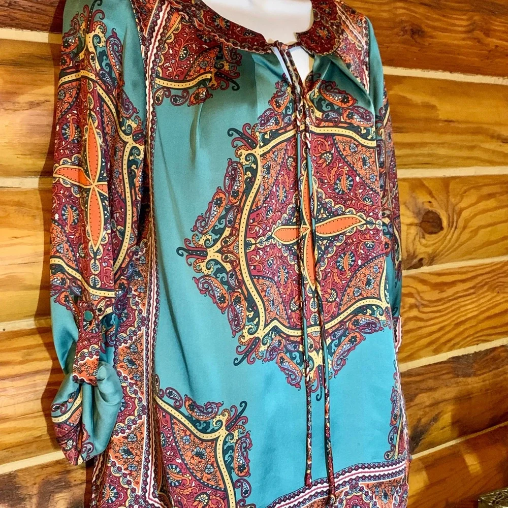 NY Collection Bohemian Boho Satin Blouse Shirt Medium - Picture 4 of 9